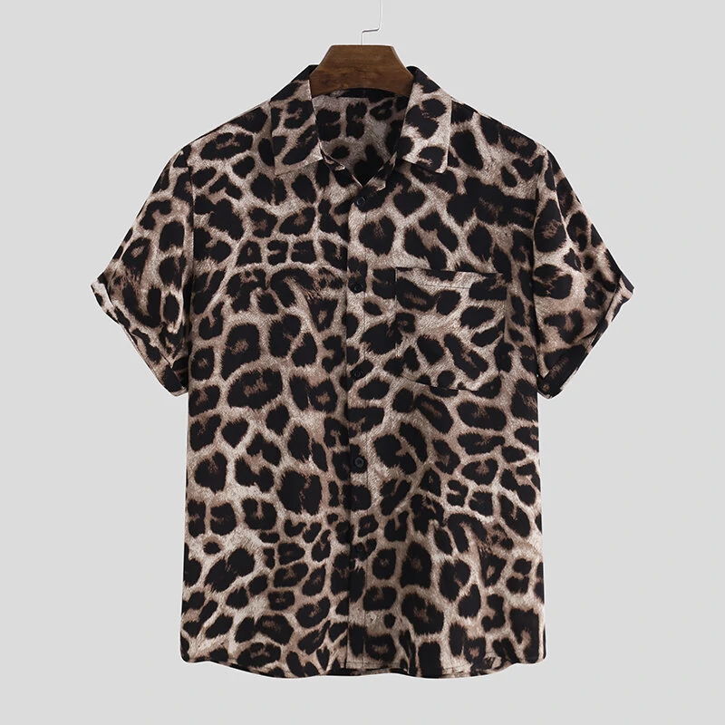 (image for) OUTDOOR Summer Leopard Print Shirts Fashion Men Short Sleeve Lapel Shirt Casual Floral Blouse Men Hawaiian Beach Tops